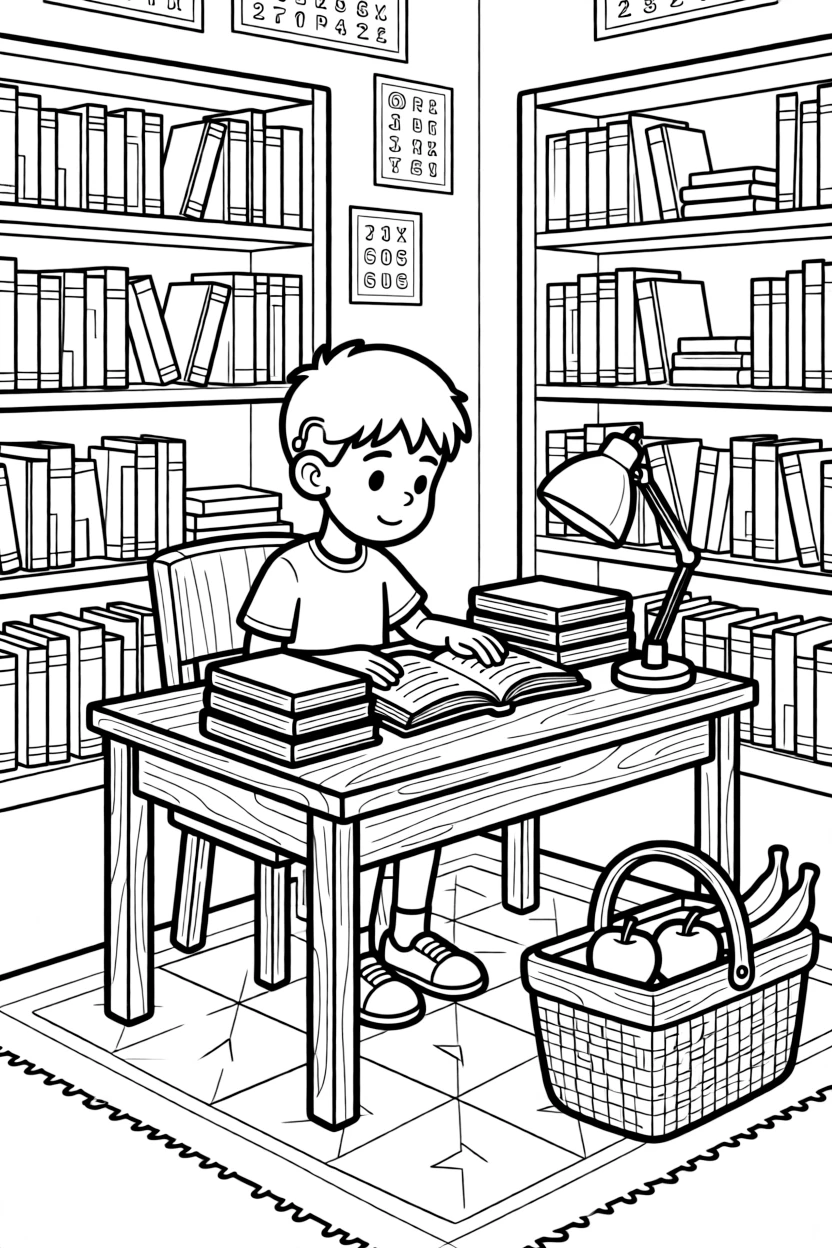 A boy with a hearing aid checking out books at the library desk at a colorful classroom with a picnic basket nearby.