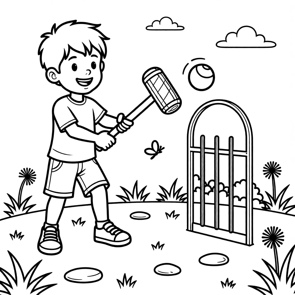 A cheerful young boy, swinging a mallet to knock a colorful ball through a metal wicket on the lawn.