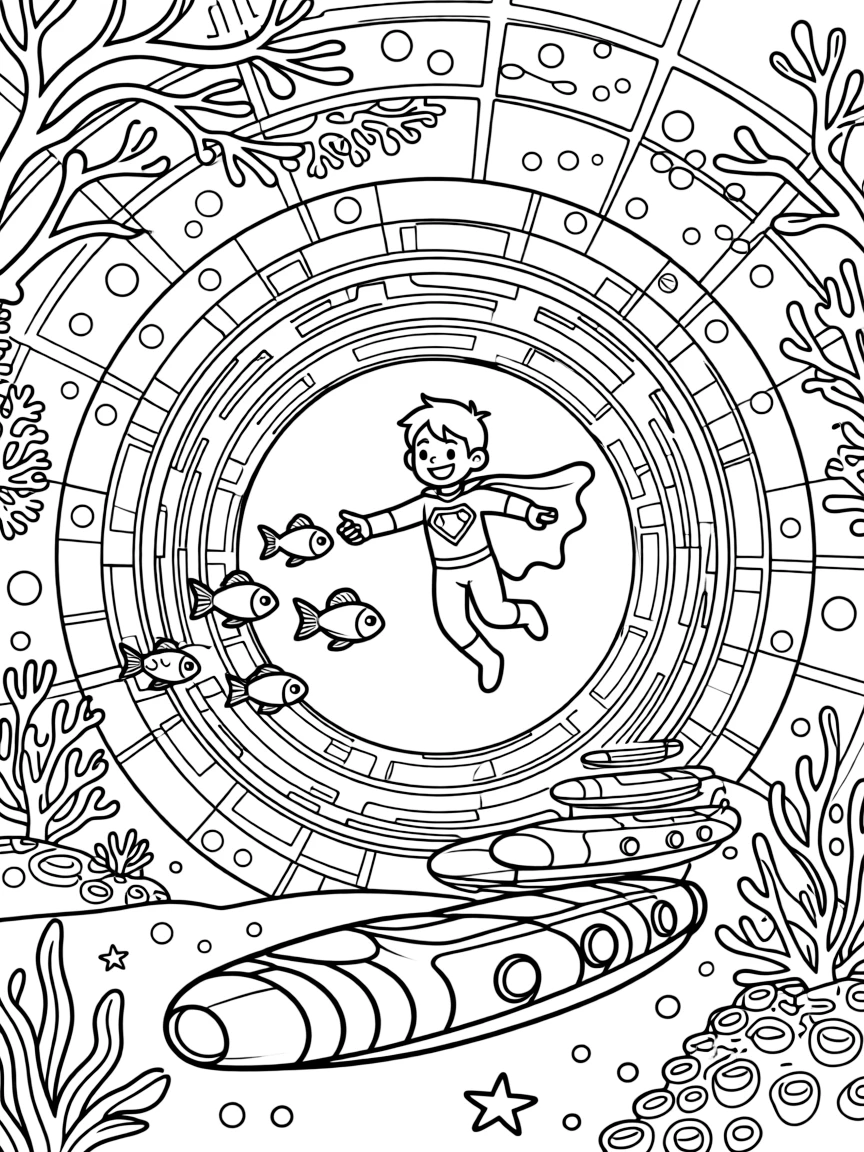In an underwater dome city surrounded by coral reefs, Doctor Kepler, a bold magnetic superhero kid guiding a school of glowing space fish through a coral tunnel, while a row of docked spaceships gleaming in the light adds to the excitement.
