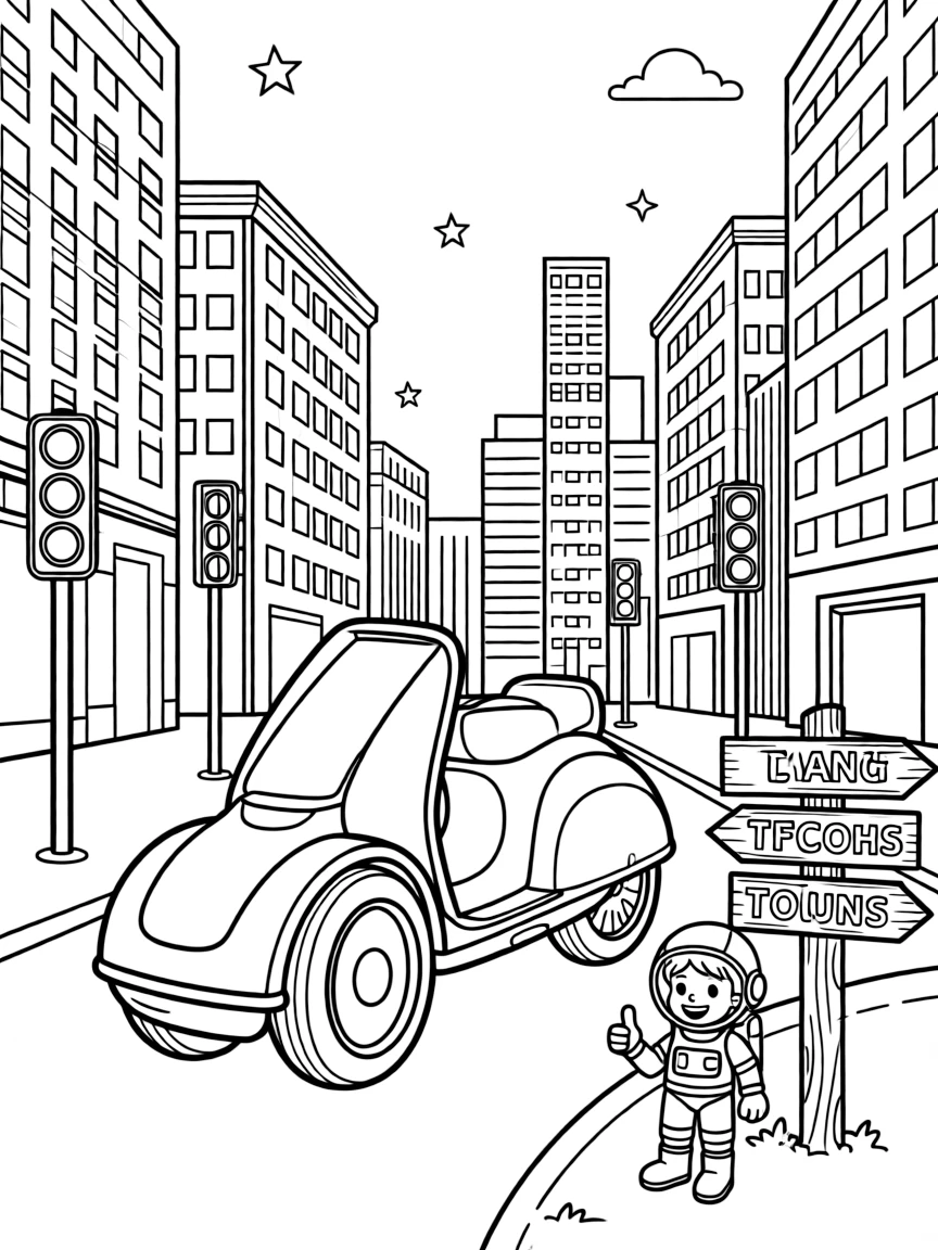 A color-changing hover-bike with light-up wheels takes center stage in a bustling city street lined with tall buildings and traffic lights, where a grinning astronaut giving a thumbs up can be seen nearby, surrounded by an old wooden signpost pointing to faraway towns.
