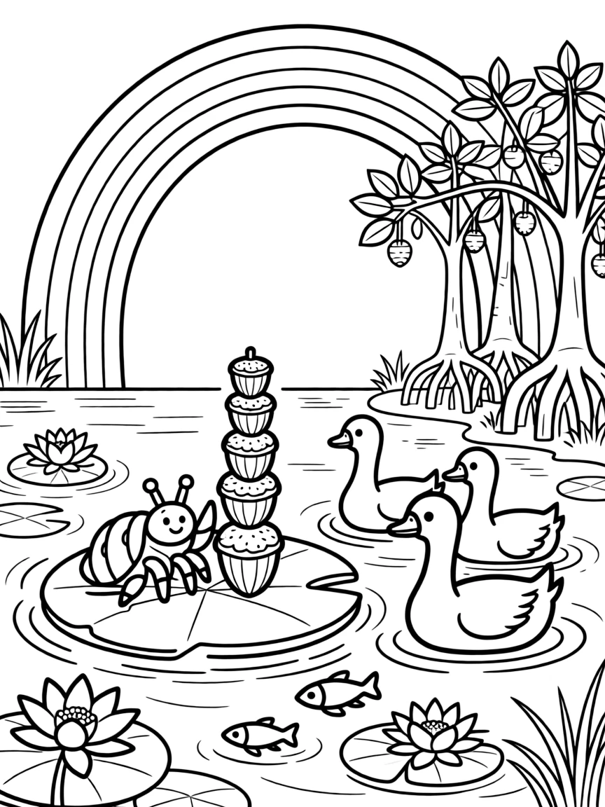A hermit crab on a floating lily raft, stacking acorns into a tower with a goose family, next to a mangrove forest, while a rainbow arches overhead.