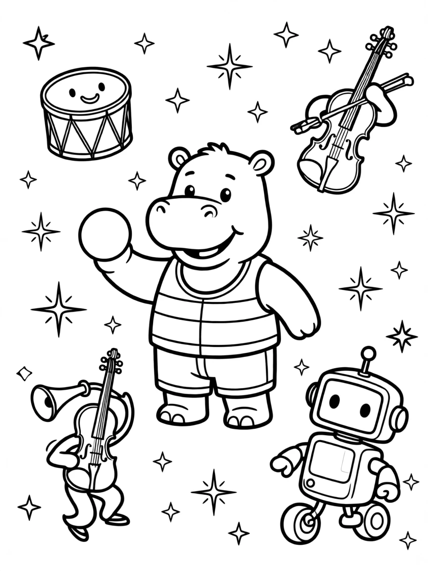 A fluffy hippo lifeguard takes a break from adventures to try having a joyful snowball fight in a music hall filled with dancing instruments, with a tiny robot rolling along on training wheels close behind. Sparkles and stars fill the air with magic.