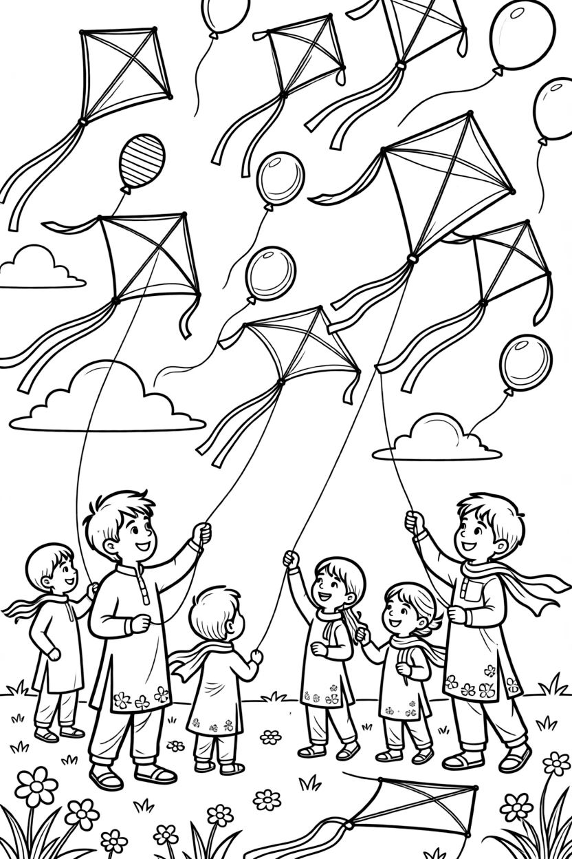 A coloring page bursting with festival energy from Pakistan, depicting the Basant kite festival with the sky filled with colorful kites, with balloons, streamers, and happy onlookers filling the scene.