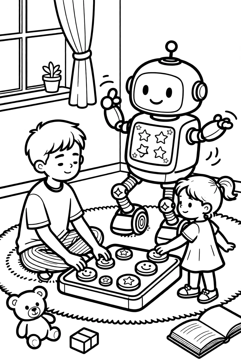 a sleepy older brother and his little sister programs a friendly robot to dance by pressing big colorful buttons.