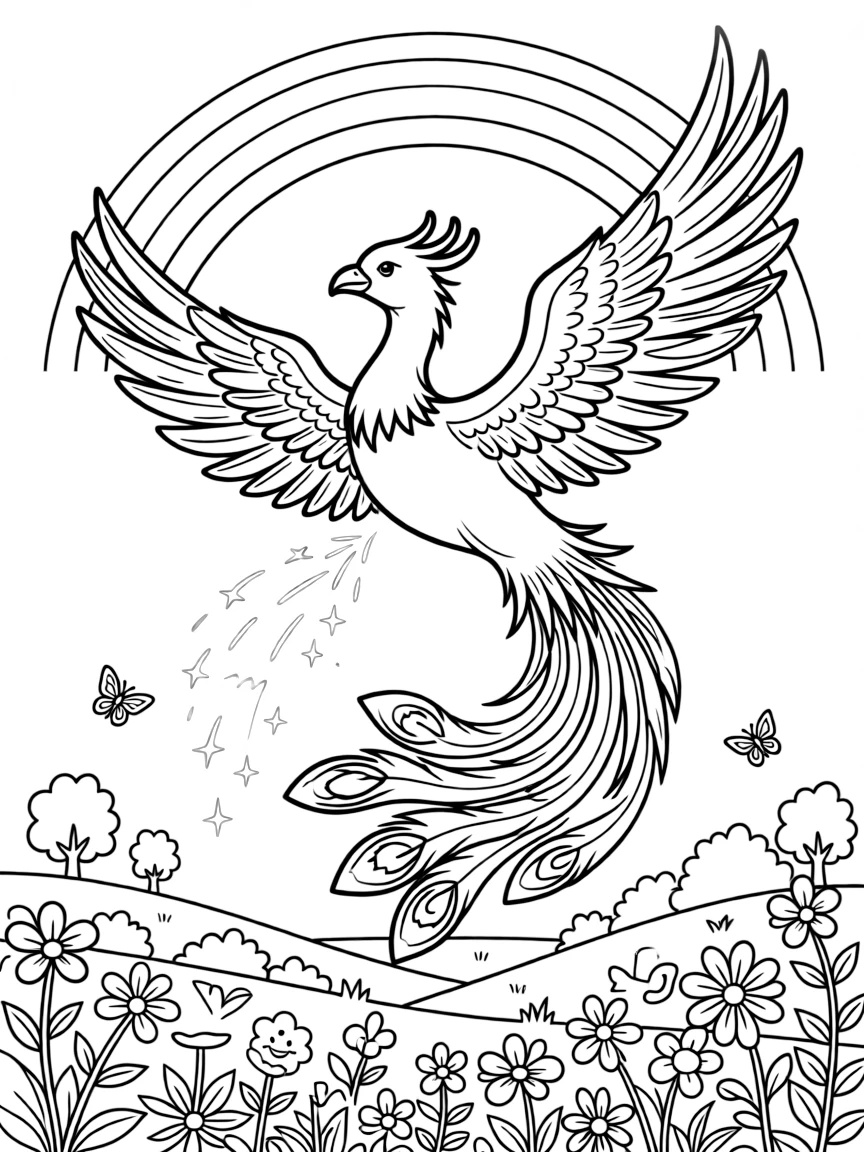 A phoenix soars through a rainbow after a rainstorm, leaving a trail of golden sparks that settle over a blooming valley.