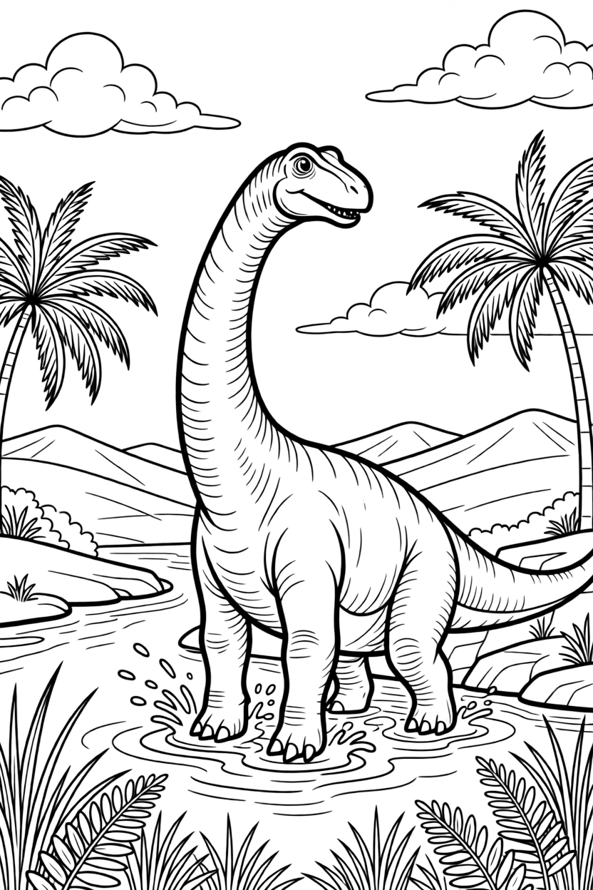 [Dinosaurs] a towering brachiosaurus splashing across a shallow river on a rocky cliff overlooking a valley, concentrating hard with a focused expression. Nearby, palm-like cycad leaves sway in the breeze. Patches of tall grass and ferns fill the foreground. The scene is captured on a foggy morning, with fluffy clouds drifting overhead, giving the page a lively and adventurous feel that invites plenty of colorful detail.