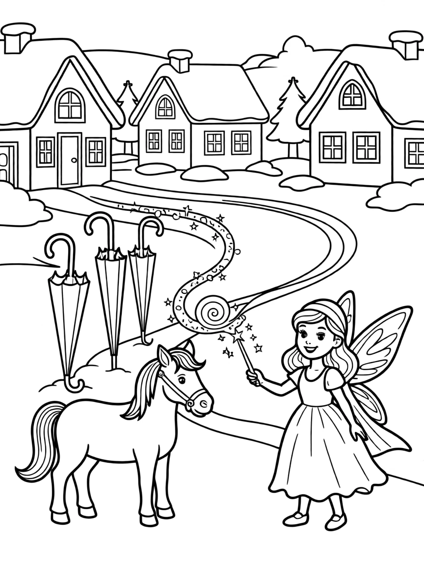 A fairy godmother girl waving a sparkling wand is petting a friendly pony's soft nose in a snow-covered winter village. Scattered nearby, a row of colorful umbrellas and a trail of glittering fairy dust complete the joyful scene.