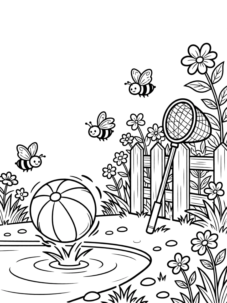 A beach ball bouncing near the shoreline in a garden buzzing with bees and butterflies, with a striped beach ball and a butterfly net leaning on a fence nearby.