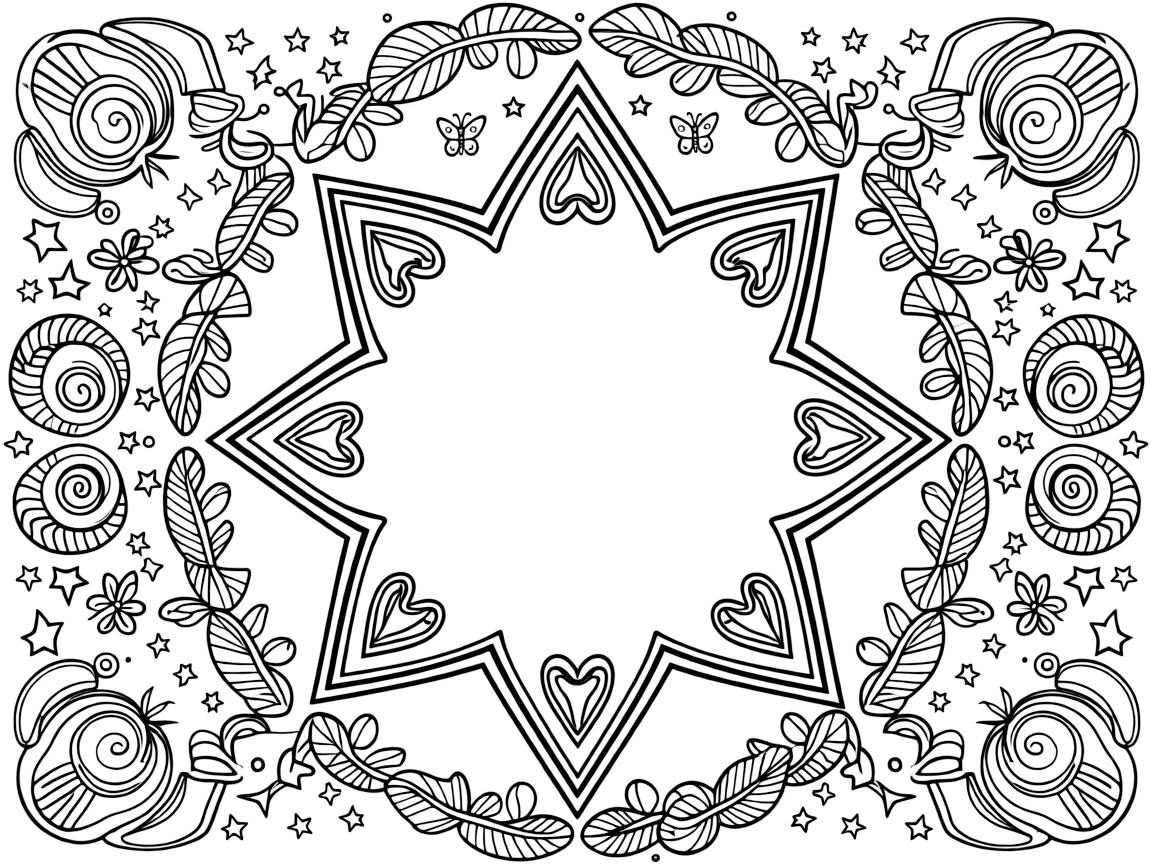 Insects & Bugs: The page centers on a repeating motif of a caterpillar inching along a curled leaf, built around an eight-point star mandala framing the design. The motif is repeated in a corner-to-corner border that circles the entire page, leaving a round open area in the middle. Decorative details fill the surrounding space, including tightly coiled spiral shells, fan-shaped feather clusters, and tiny pinwheel stars woven throughout the background. A playful extra touch completes the page: a pair of small butterflies fluttering near the top of the page.