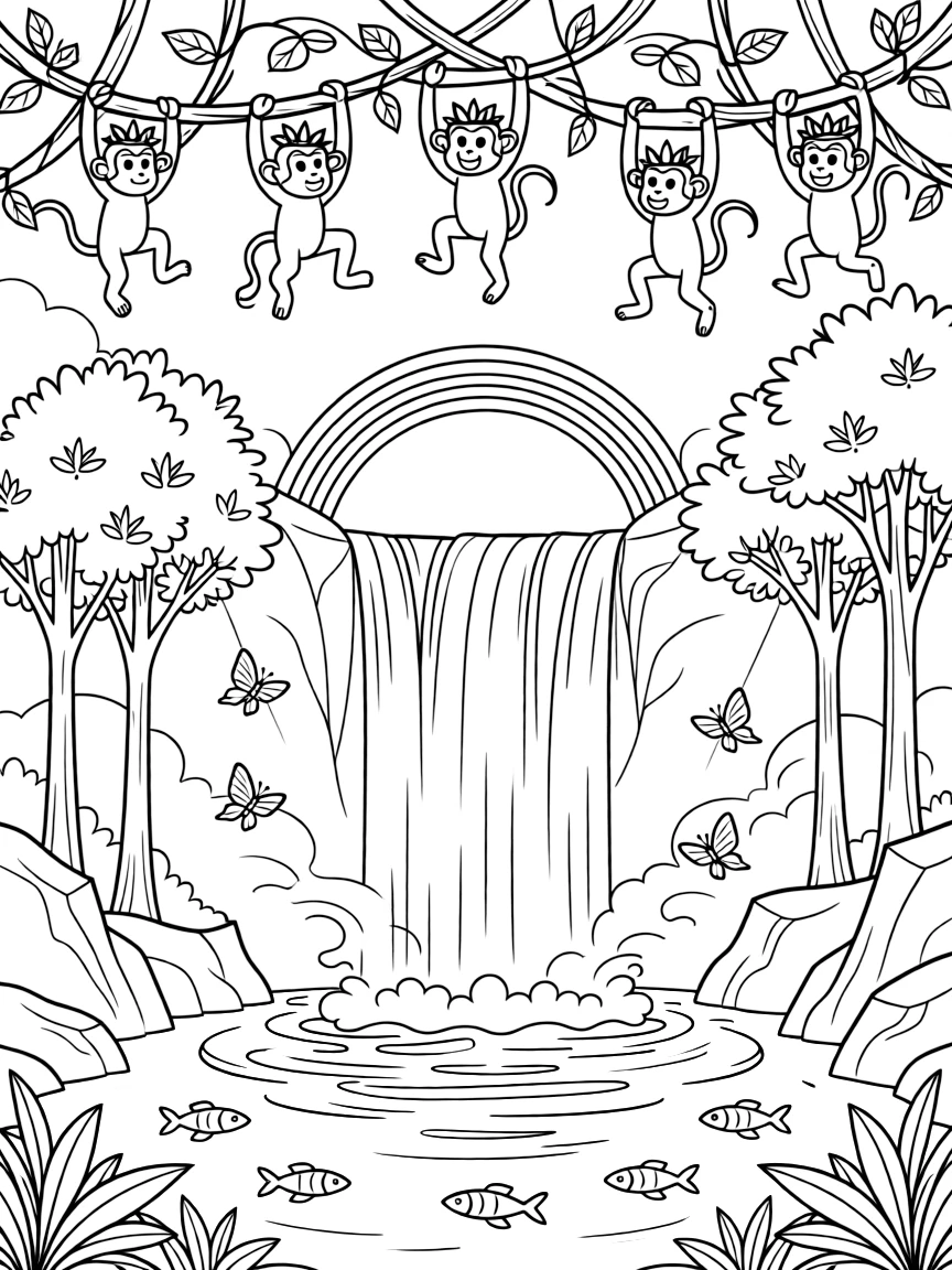 [Waterfalls] A group of monkeys swing from vines near a tall waterfall crashing into a turquoise pool. Butterflies drift through the mist while fish dart through the clear pool below the falls. A rainbow arcs through the mist above the pool, framed by tall trees and jagged rocks. Soft morning light glows through the mist, casting a gentle rainbow over the pool.