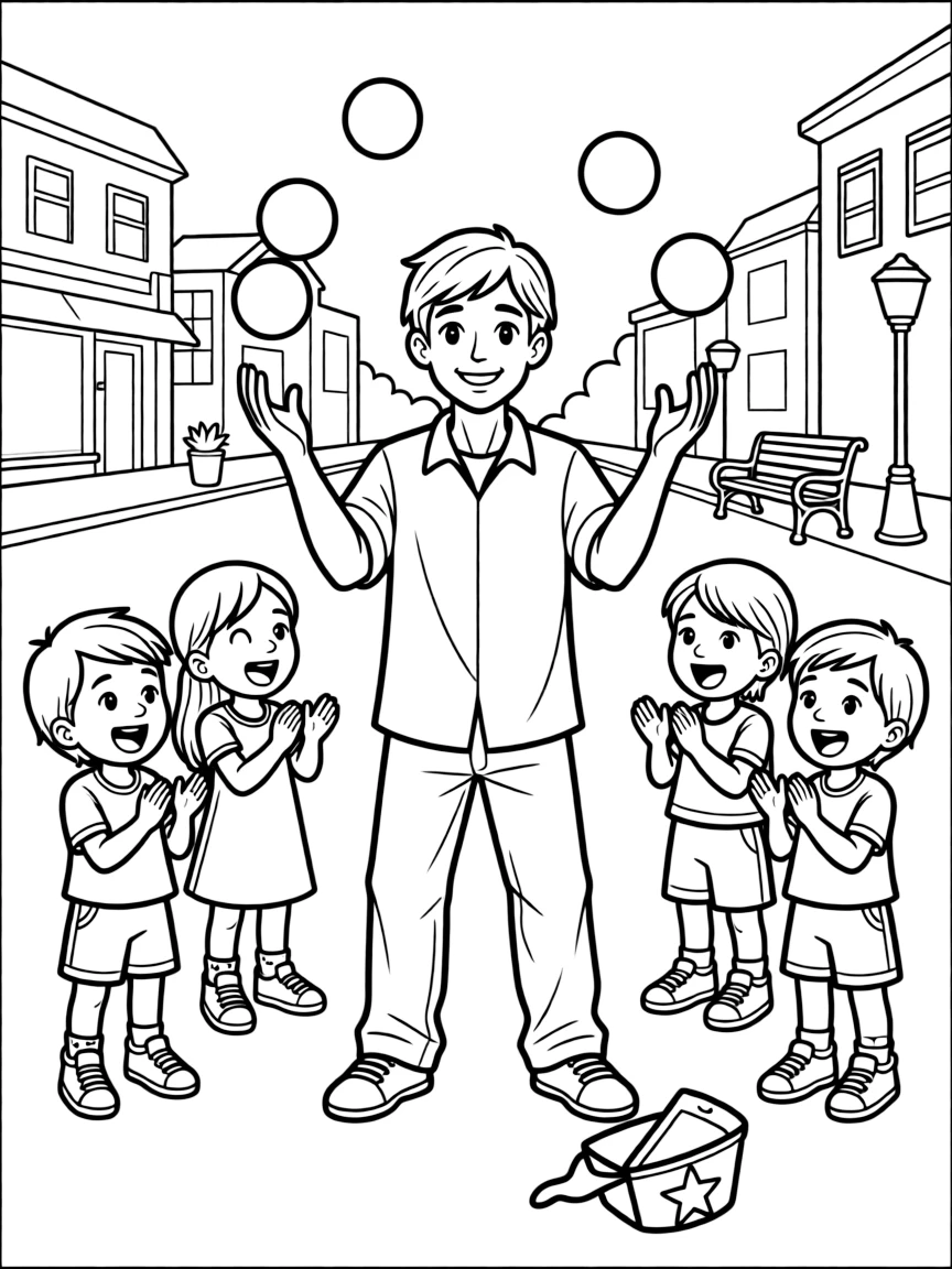A street performer juggles bright balls for a crowd of clapping kids.