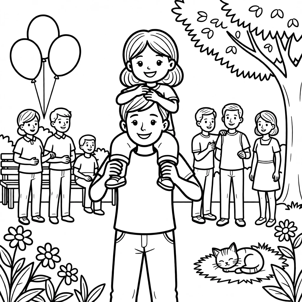 A cheerful girl riding on a parent's shoulders to see over the crowd at a neighborhood meeting while a kitten naps in a sunny spot.