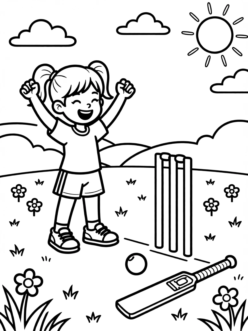 A determined girl with pigtails, cheering as a ball rolls perfectly through the final wicket to win the game.