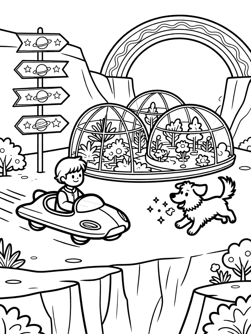 Pilot Circuit zooming along on a hovercar training a pet meteor-hound to fetch comet dust near a moon colony with glass domes and low-gravity gardens, surrounded by a floating signpost pointing to distant planets and a rainbow bridge arching over a canyon.
