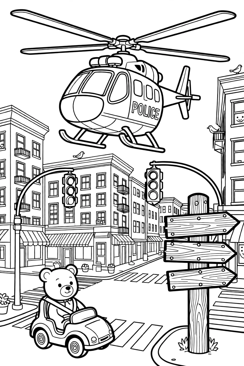 A police helicopter circling above a city block takes center stage in a bustling city street lined with tall buildings and traffic lights, where a teddy bear buckled safely into the passenger seat can be seen nearby, surrounded by an old wooden signpost pointing to faraway towns.