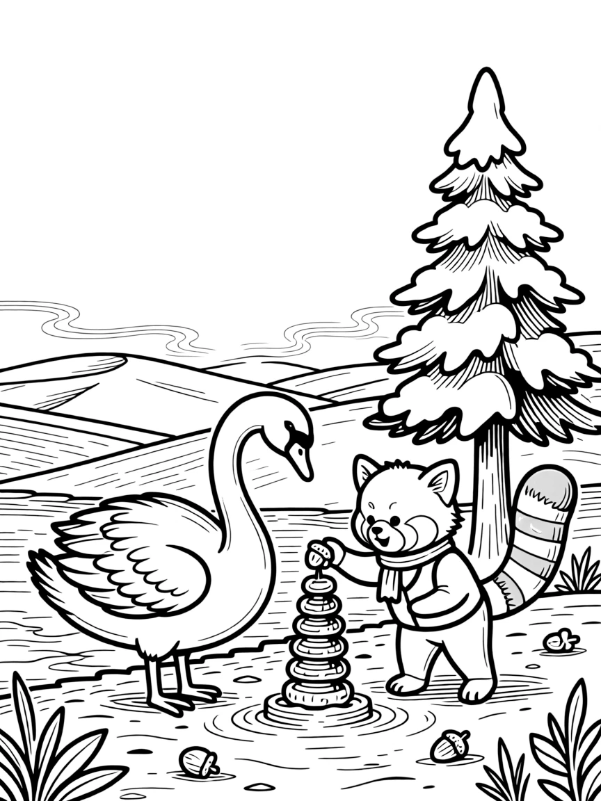 A swan at the edge of a sandy desert, stacking acorns into a tower with a red panda, next to a snow-covered pine tree, while morning fog rolls over the hills.