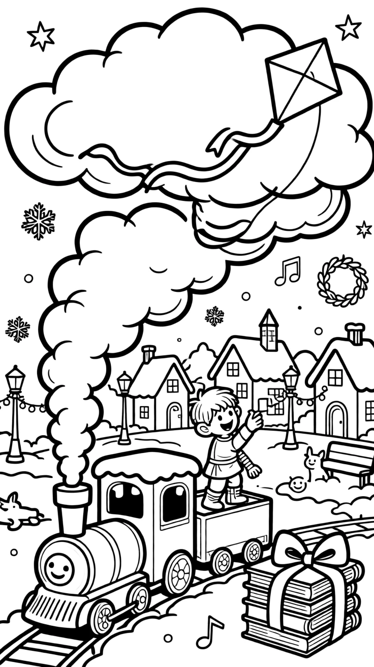 On a train chugging through fluffy clouds, a dreamy tiny troll bridge-keeper is busy decorating the town square for a winter celebration, cheered on by a kite tail fluttering with colorful ribbons and a stack of picture books tied with ribbon. Warm smiles and happy cheers fill the scene.