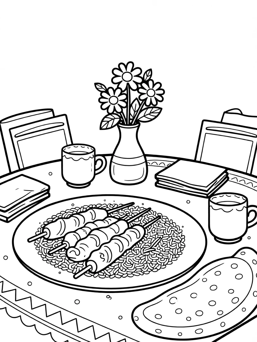 A coloring page of a cozy mealtime scene from Pakistan featuring a plate of biryani rice with kebabs and warm naan, arranged on a table with napkins, cups, and a cheerful centerpiece.