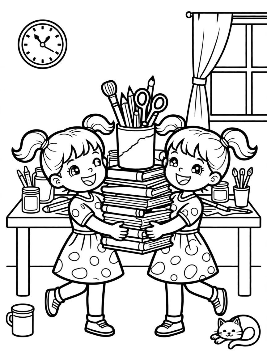 giggling twin sisters carry a stack of art supplies to a table for craft time.