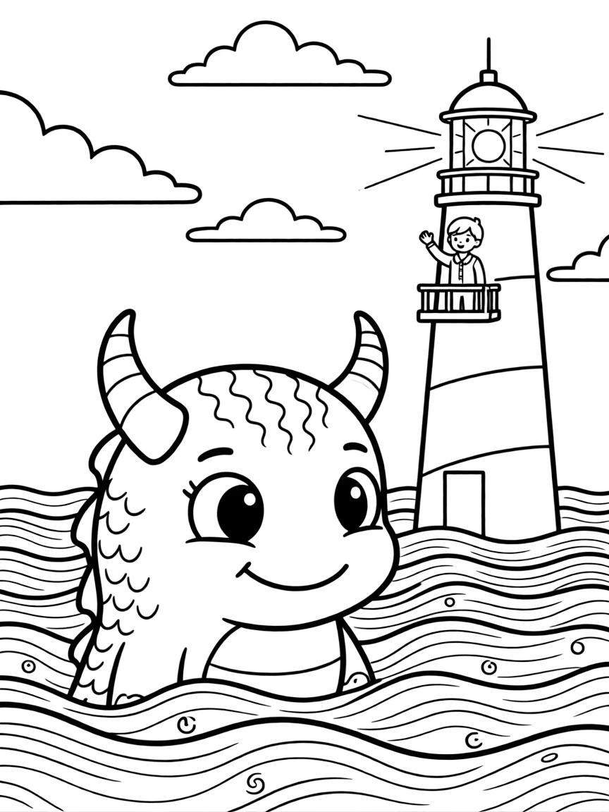 A gentle sea monster peeks its head above the waves to watch a lighthouse keeper's lantern glow at dusk.