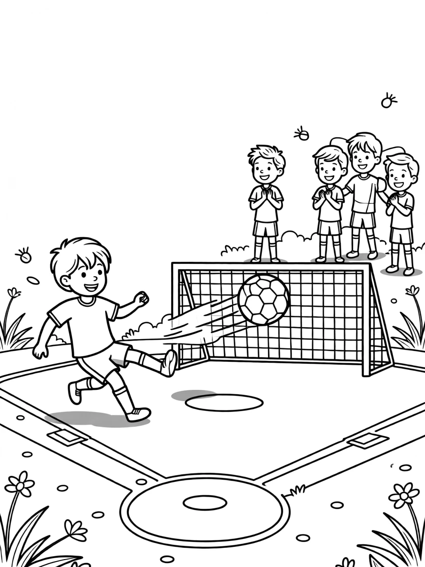 [Sports] A dynamic scene shows a young soccer player kicking the ball toward the goal on a baseball diamond, grinning with excitement. Close by, teammates cheer from the sidelines. A ball flies through the air mid-motion. The moment unfolds on a foggy morning, with fireflies beginning to glow, filled with energetic detail perfect for a young colorist.