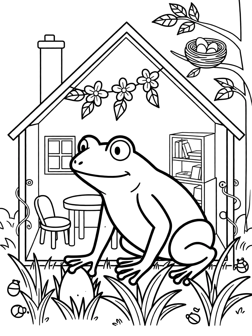 A hopping green frog is searching for hidden eggs tucked in the grass inside a dollhouse-sized world of tiny furniture. a garland of paper flowers strung overhead and a tiny bird's nest tucked in a nearby branch make the scene feel magical.