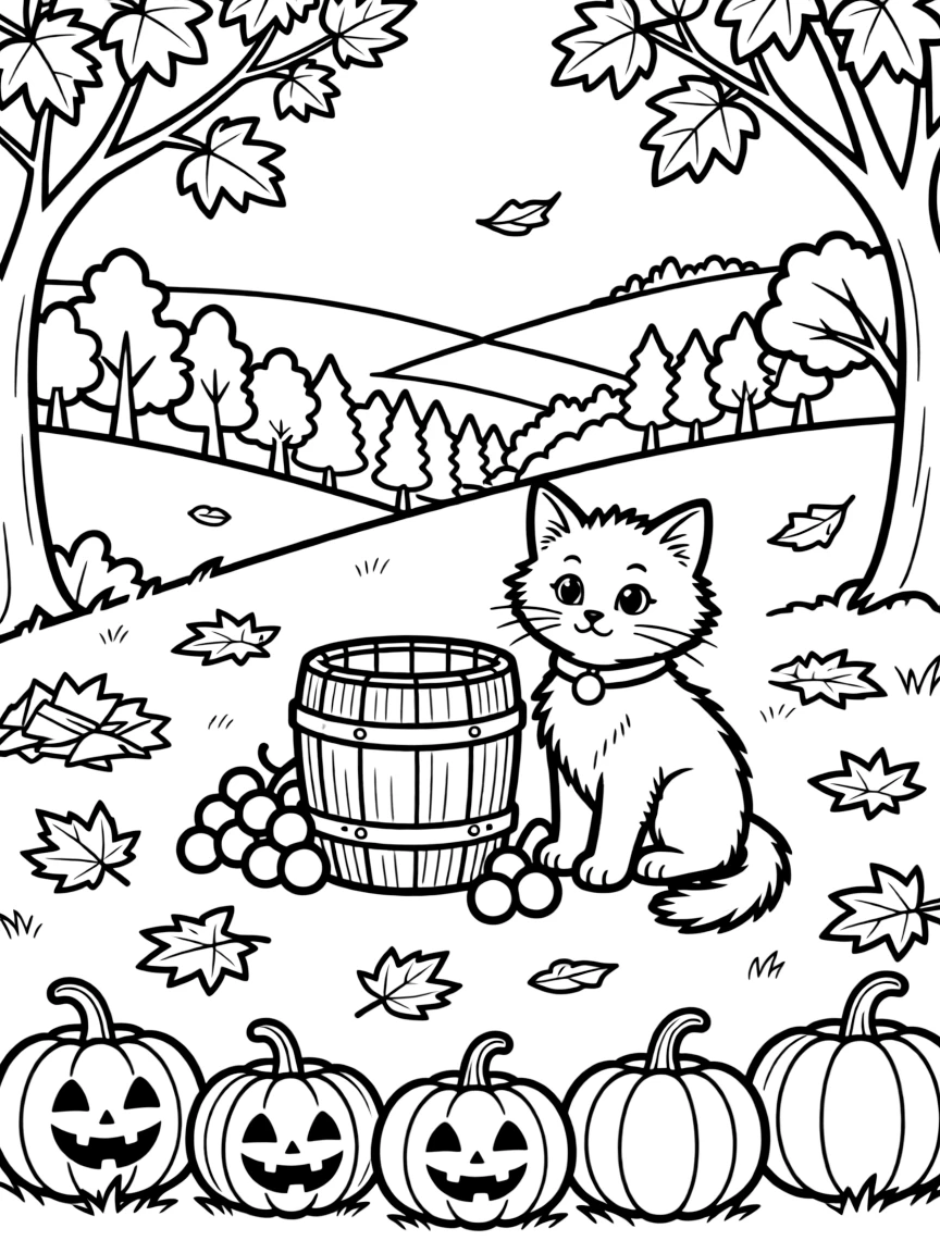 A curious kitten sitting beside a barrel used for a joyful grape stomping tradition on a hillside overlooking a valley of changing leaves, with a row of carved and uncarved pumpkins and a pile of crunchy leaves ready for jumping scattered about.