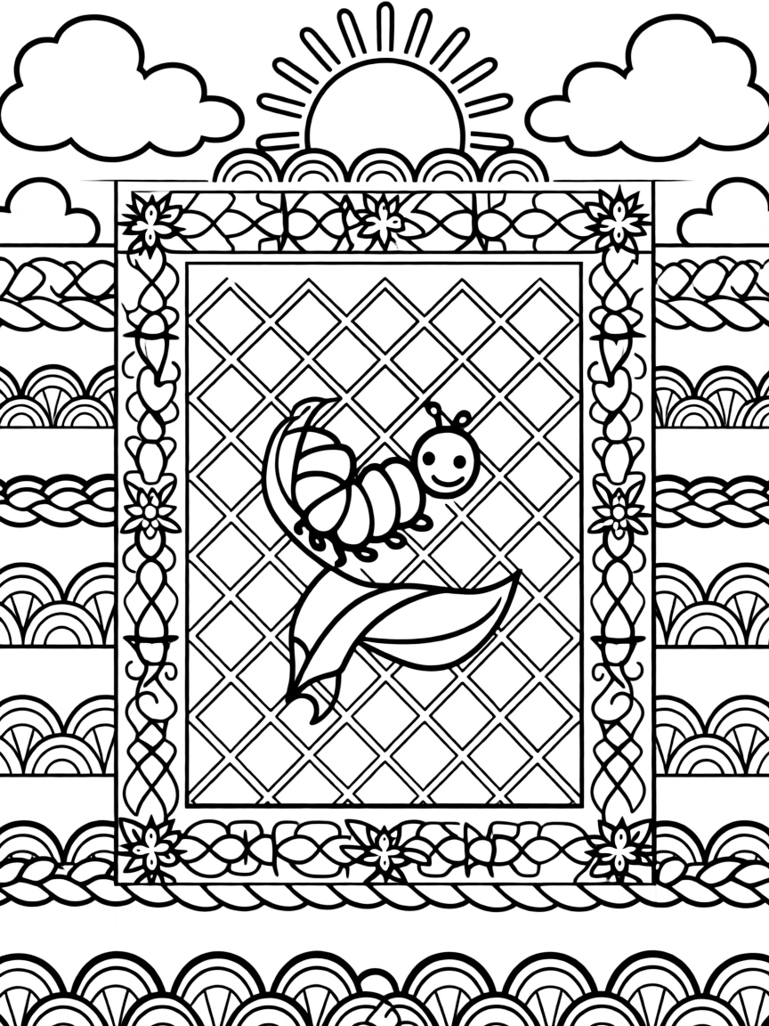 Insects & Bugs: The page presents a small themed scene built around a caterpillar inching along a curled leaf, tied together by a diamond lattice mandala crossing over itself in a grid. The scene is positioned in the middle of a balanced layout, with smaller matching details arranged above and below. Decorative details fill the surrounding space, including rounded puffy cloud shapes, rows of scalloped fan shapes, and bands of braided rope shapes woven throughout the background. A playful extra touch completes the page: a friendly round sun peeking in from behind the top edge.