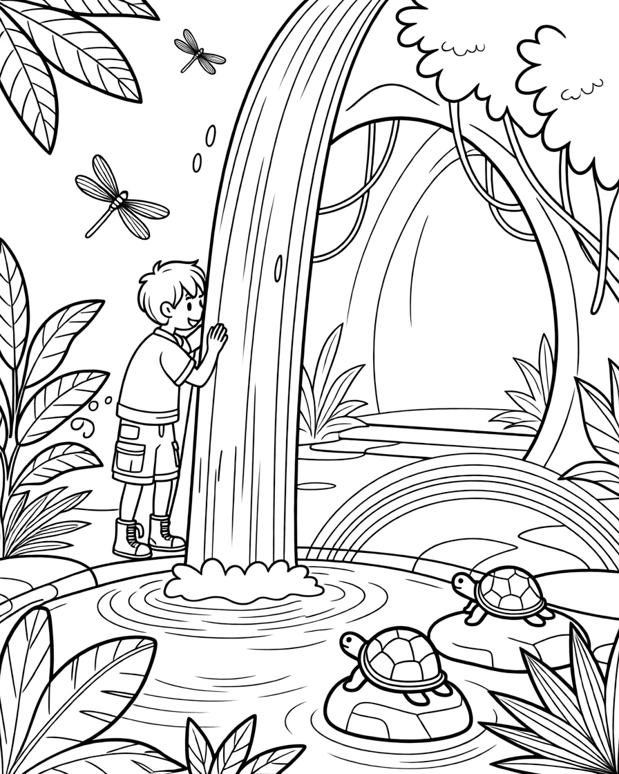 [Waterfalls] A brave young explorer stands behind a curtain of falling water, peeking out at a hidden jungle path. Dragonflies hover above the spray as turtles rest on smooth stones nearby. A hidden cave sits behind the curtain of falling water, its entrance framed by hanging vines. Soft morning light glows through the mist, casting a gentle rainbow over the pool.
