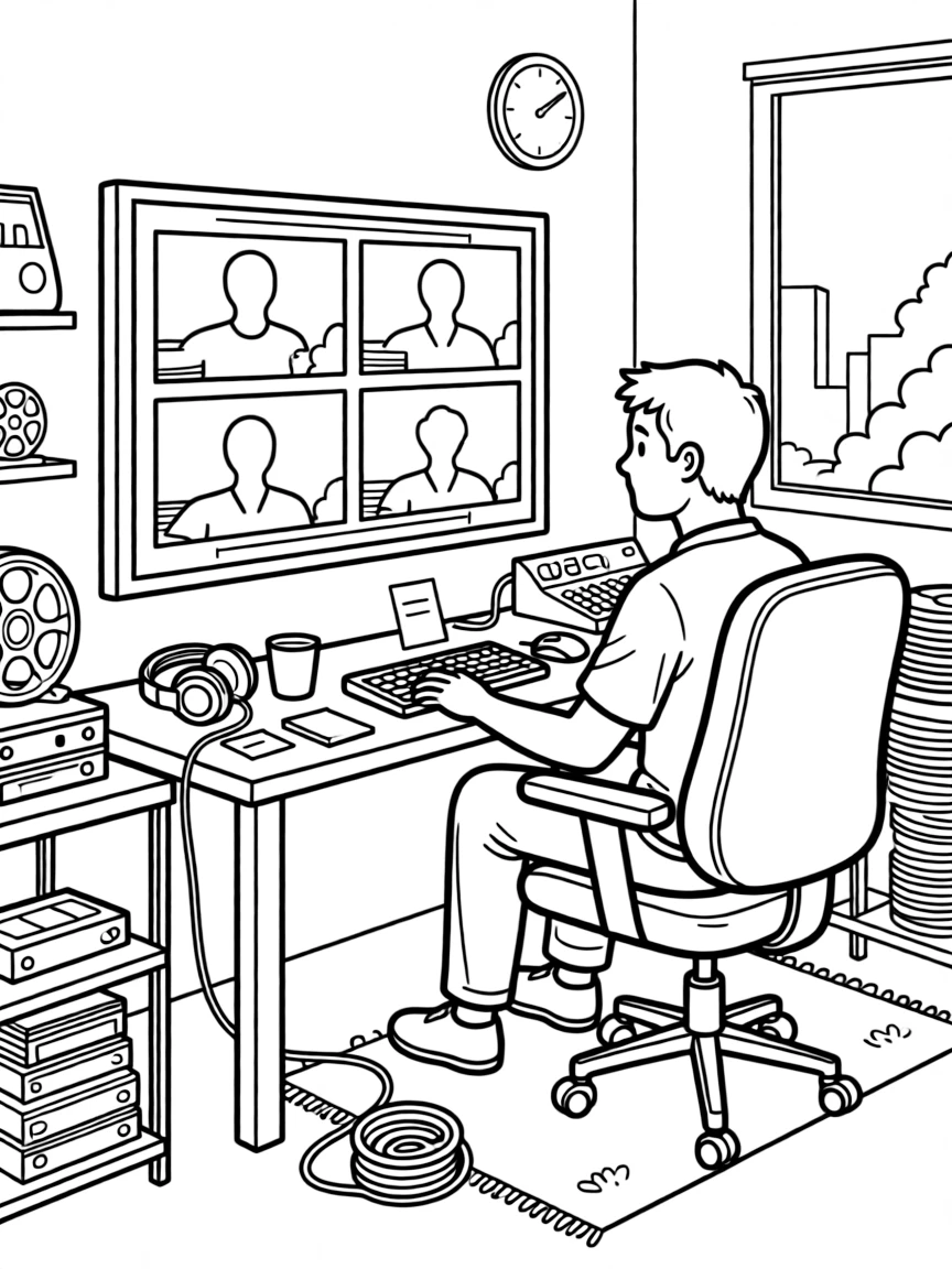 A film editor watches scenes on a big screen surrounded by editing equipment.