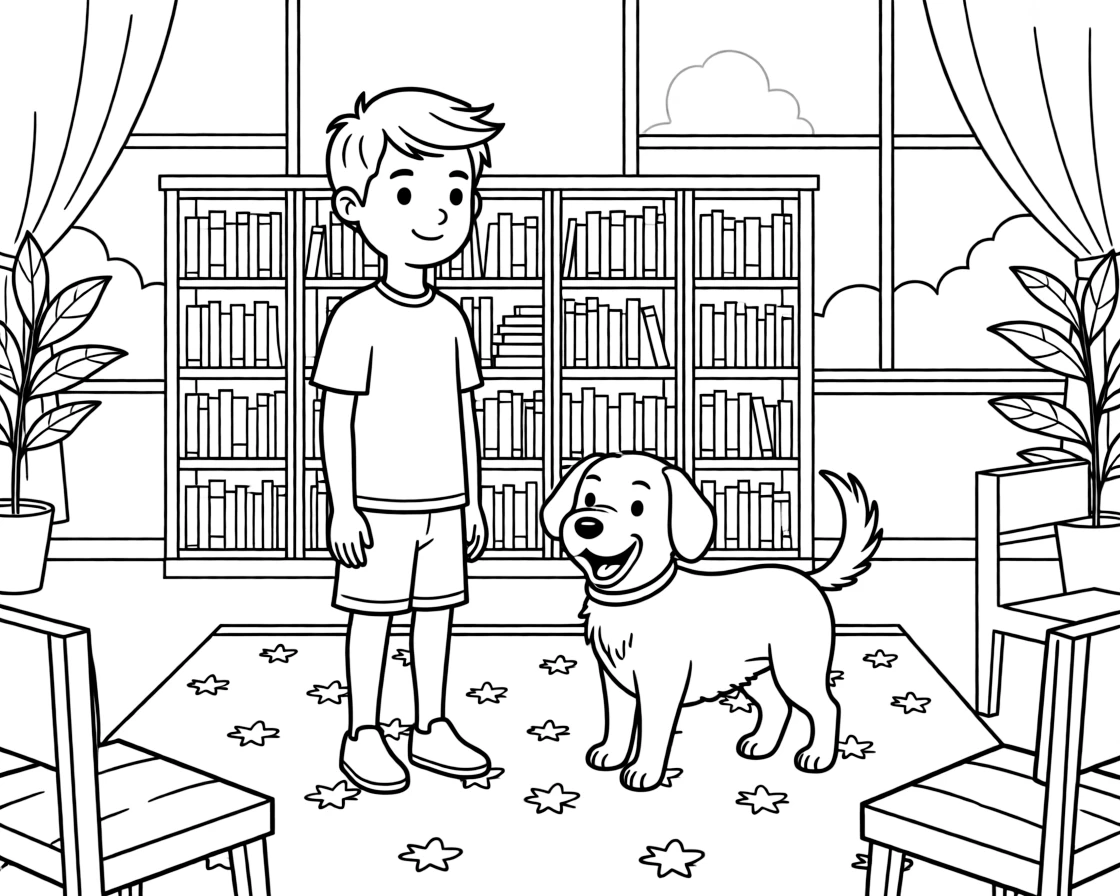 An older brother lining up for recess at the school library while a friendly dog wags its tail.