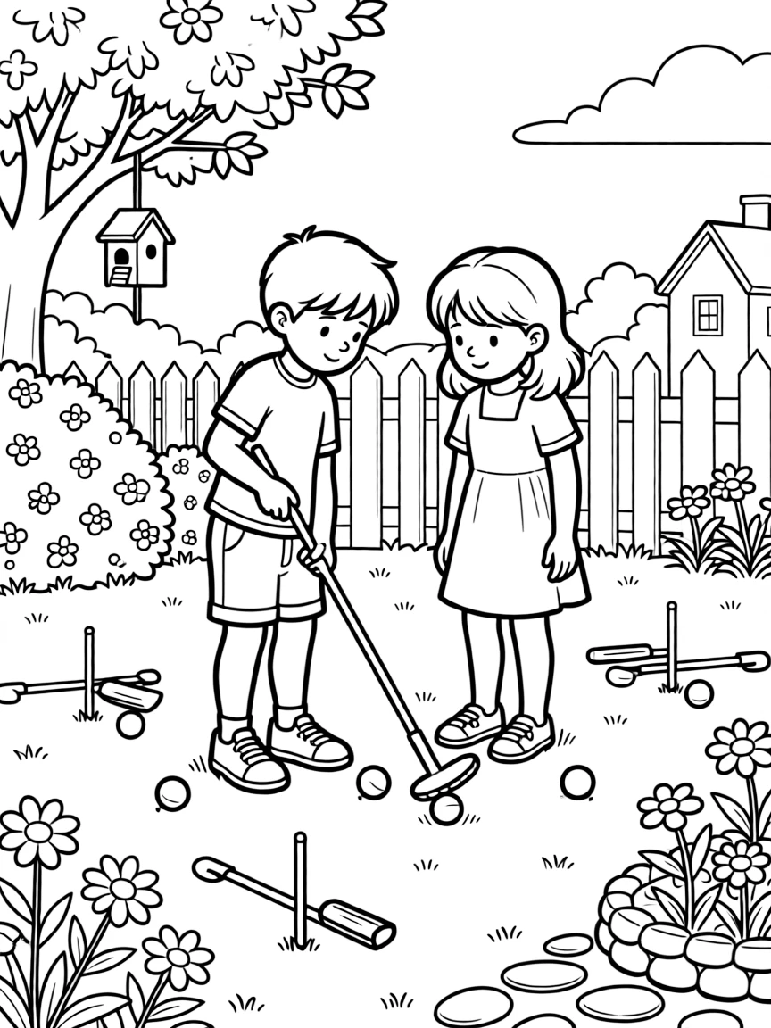 A pair of best friends, lining up a tricky shot on a backyard croquet course dotted with wickets.