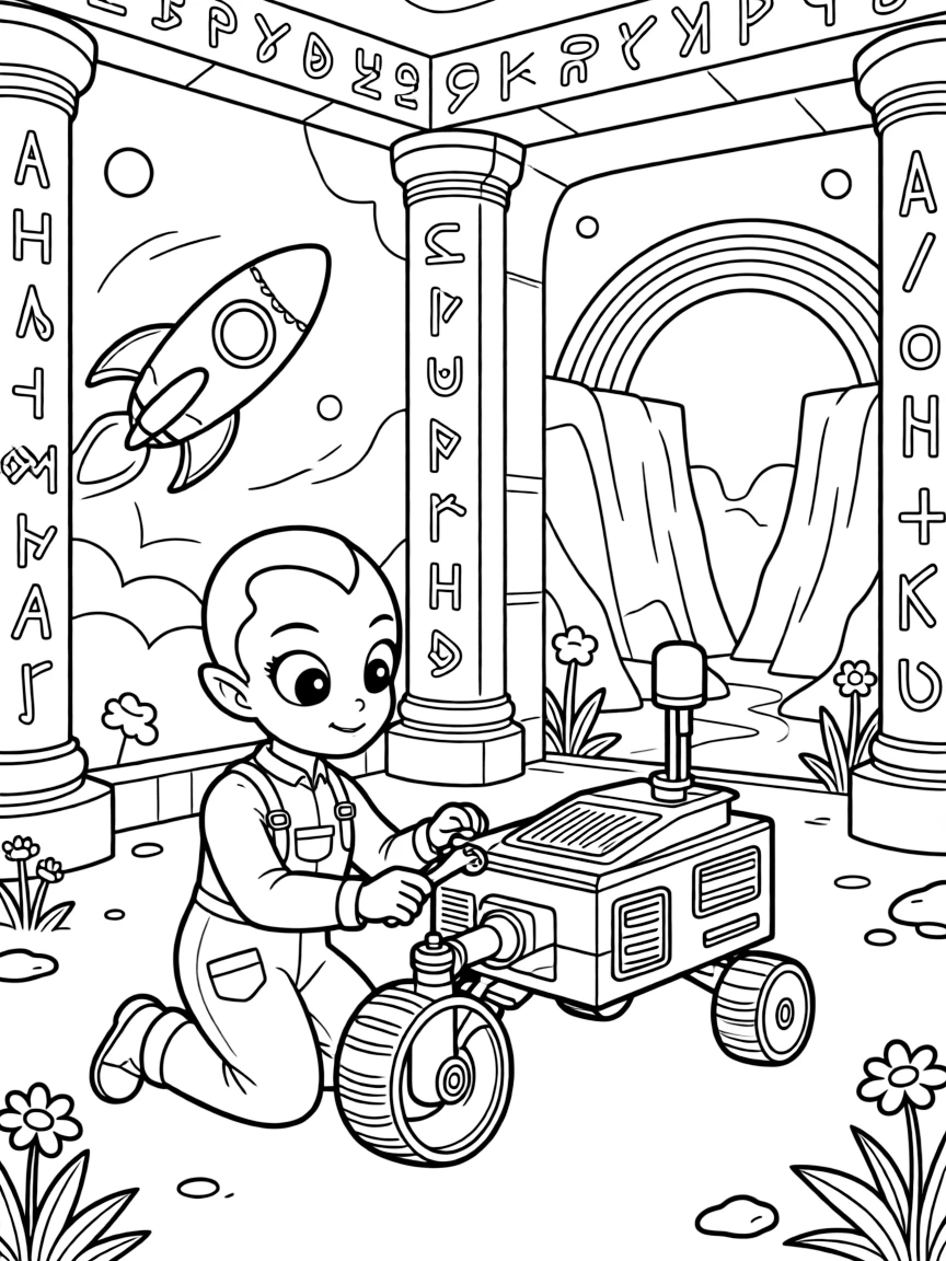 Korr, a curious alien scientist fixing the wobbly wheel on a rover before the big race, in an ancient alien temple covered in glowing runes, with a mural of a rocket ship painted on a nearby wall and a rainbow bridge arching over a canyon nearby.