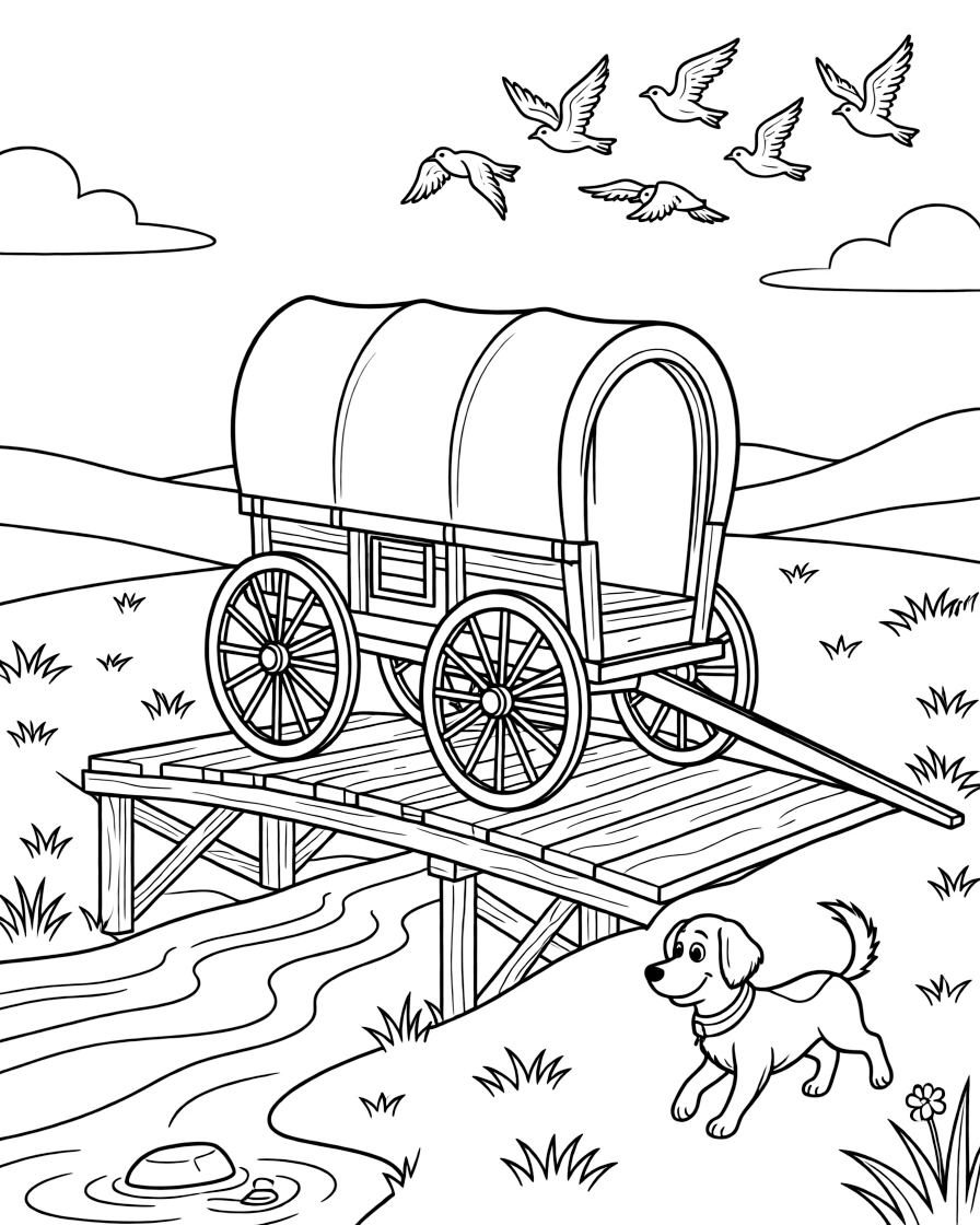 A covered wagon with wooden wheels crossing the prairie is shown journeying through a rustic covered bridge crossing a babbling creek, with a friendly dog with its ears flapping in the wind close by and a flock of birds flying alongside in formation completing the lively scene.