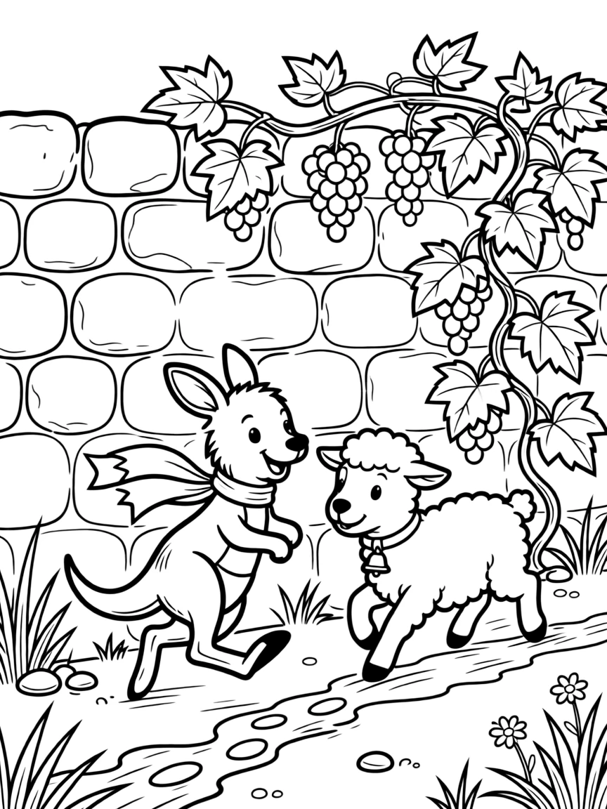 A kangaroo joey racing playfully alongside a lamb in a secret garden behind a stone wall, near a vine of grapes, with a trail of tiny footprints in the mud.