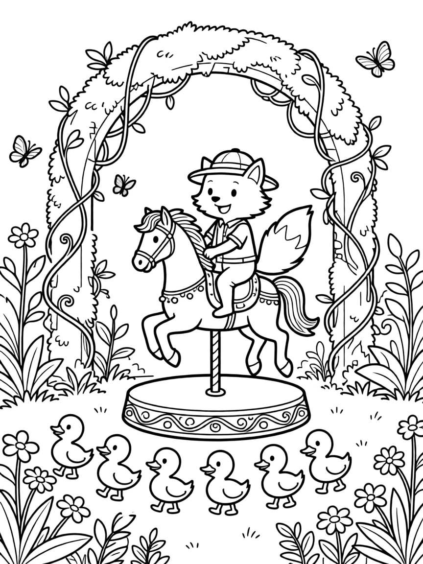 In a secret garden hidden behind a mossy gate, a clumsy arctic fox explorer discovers the joy of riding a carousel horse that has come to life, while a family of ducklings waddling in a neat line watches happily nearby. It feels like the best day ever for everyone involved.