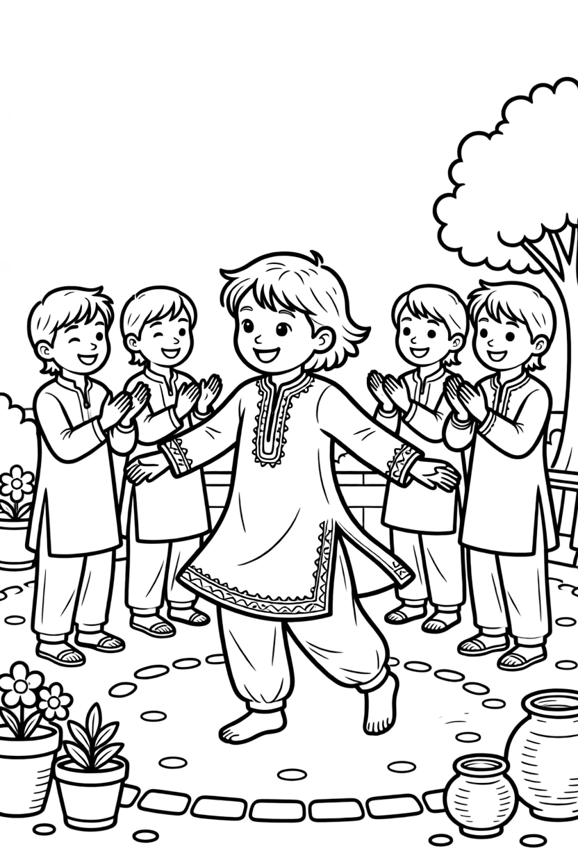 A coloring page from Pakistan showing a child wearing a shalwar kameez with embroidered trim, twirling happily in a village square while friends look on and clap.