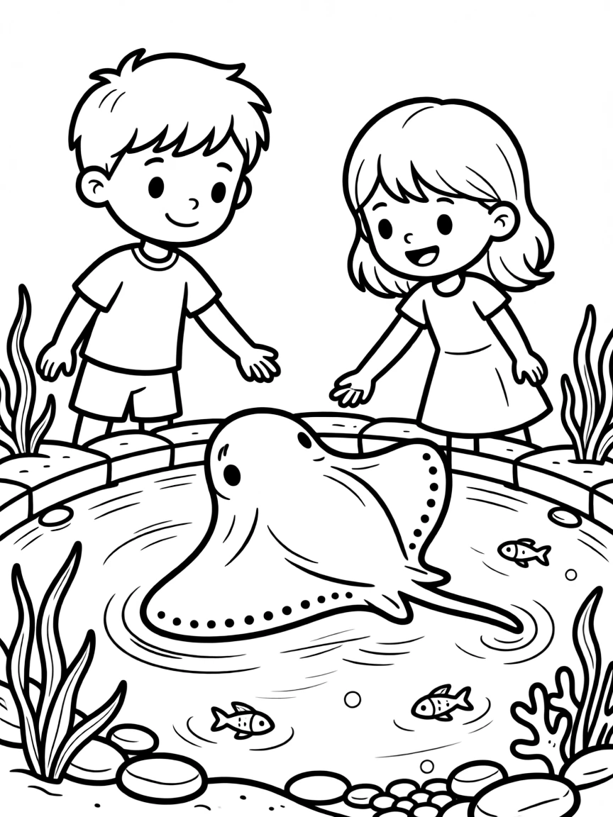 a curious pair of best friends touches a soft stingray gliding by in a shallow aquarium pool.