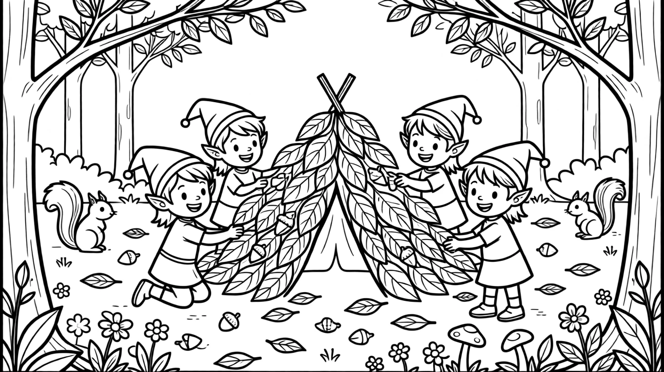A group of elf children build a fort from fallen leaves and acorn caps in a sunlit forest clearing.