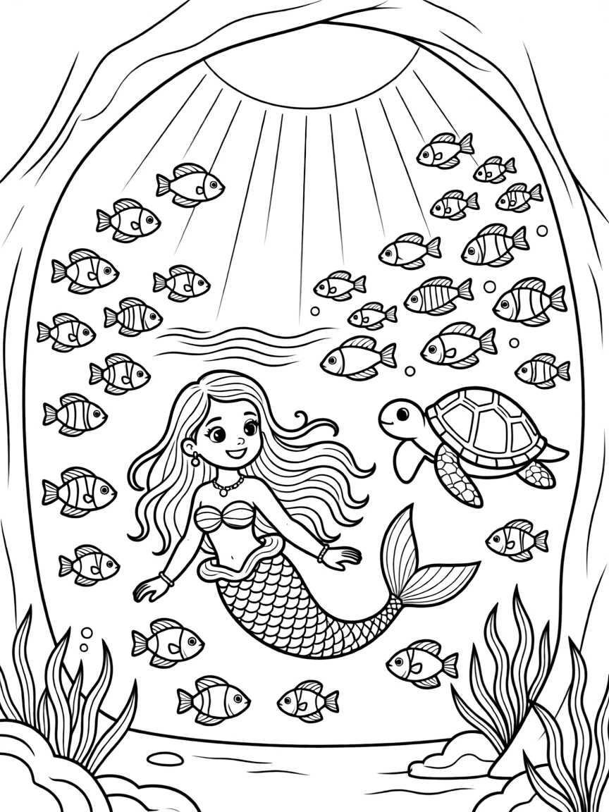 [Underwater Adventures] a mermaid swimming among the fish swimming alongside a friendly sea turtle inside an underwater cave. In the background, schools of bright fish swirl nearby, adding extra fun to explore. Light rays create a dreamy underwater glow. It all happens at sunset, with heat waves shimmering in the distance.