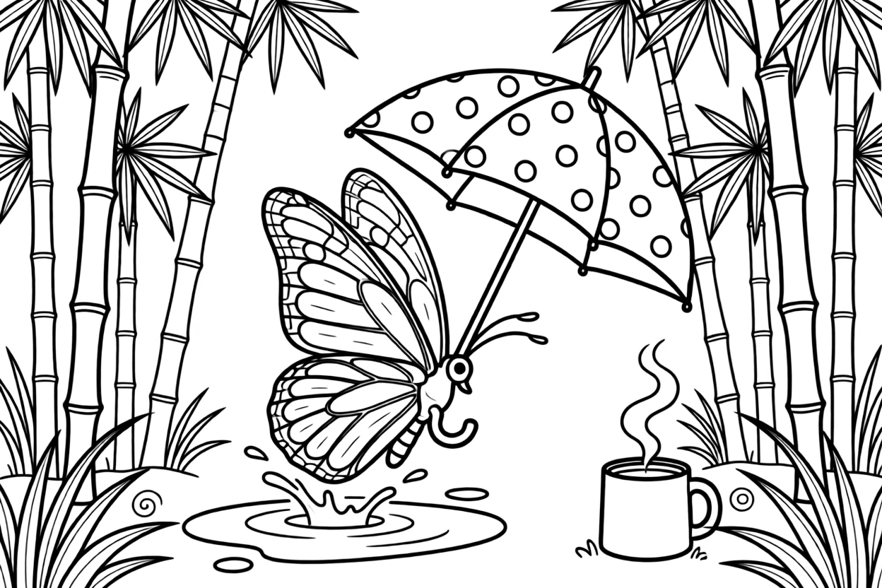 A fluttering monarch butterfly is splashing through puddles with a polka-dot umbrella in a peaceful bamboo forest. Scattered nearby, a gentle breeze rippling through tall grass and a curling wisp of steam from a warm mug complete the joyful scene.