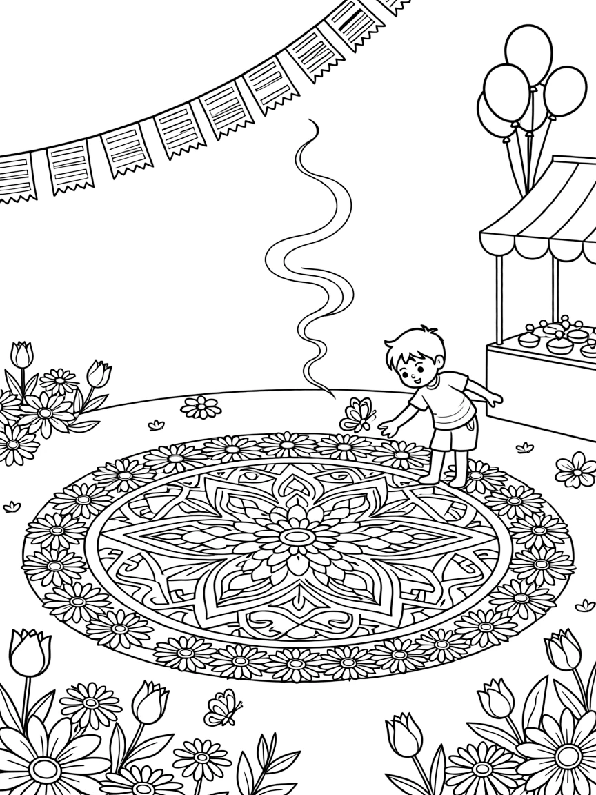 A flower carpet arranged in a colorful pattern in a temple courtyard filled with flowers and incense smoke, with a curious little boy playing close by amid strings of fluttering prayer flags and balloons tied to a festive booth.