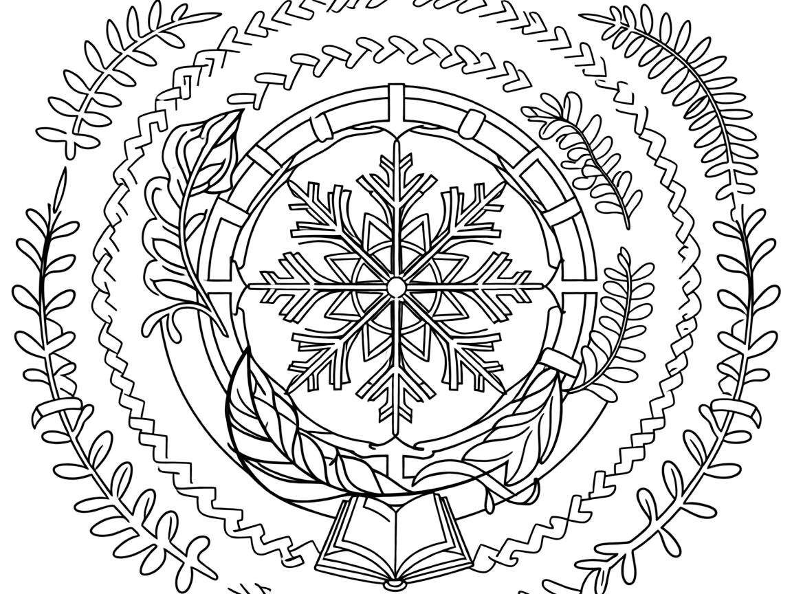 Insects & Bugs: The design turns a caterpillar inching along a curled leaf into a kaleidoscope-style composition anchored by a snowflake-shaped mandala with six symmetrical arms. The imagery is multiplied into a circular burst of matching pieces that rotate evenly around the page's center point. Decorative details fill the surrounding space, including curling fern-frond shapes, ribbons folded into gentle zigzags, and rows of arrow-shaped chevrons woven throughout the background. A playful extra touch completes the page: a tiny open book resting at the base of the design.