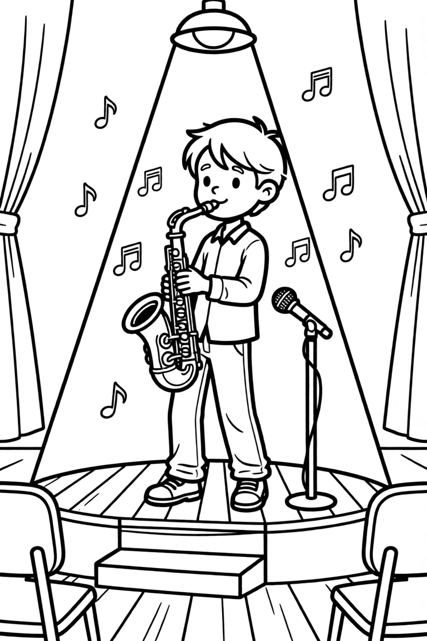 A jazz musician plays a golden saxophone on a small stage with a spotlight.
