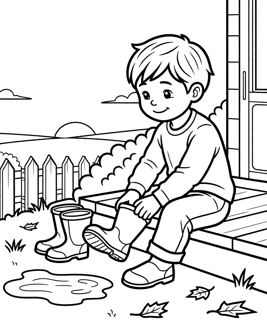 A little brother putting on rain boots with quiet focus and pride, all alone as the sun sets in orange and pink.