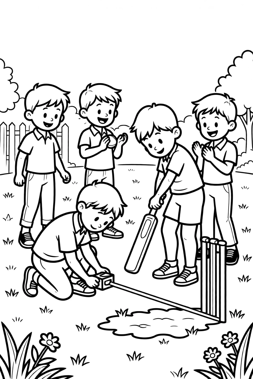 A team of neighborhood kids, measuring the distance to the next wicket before taking a careful swing.
