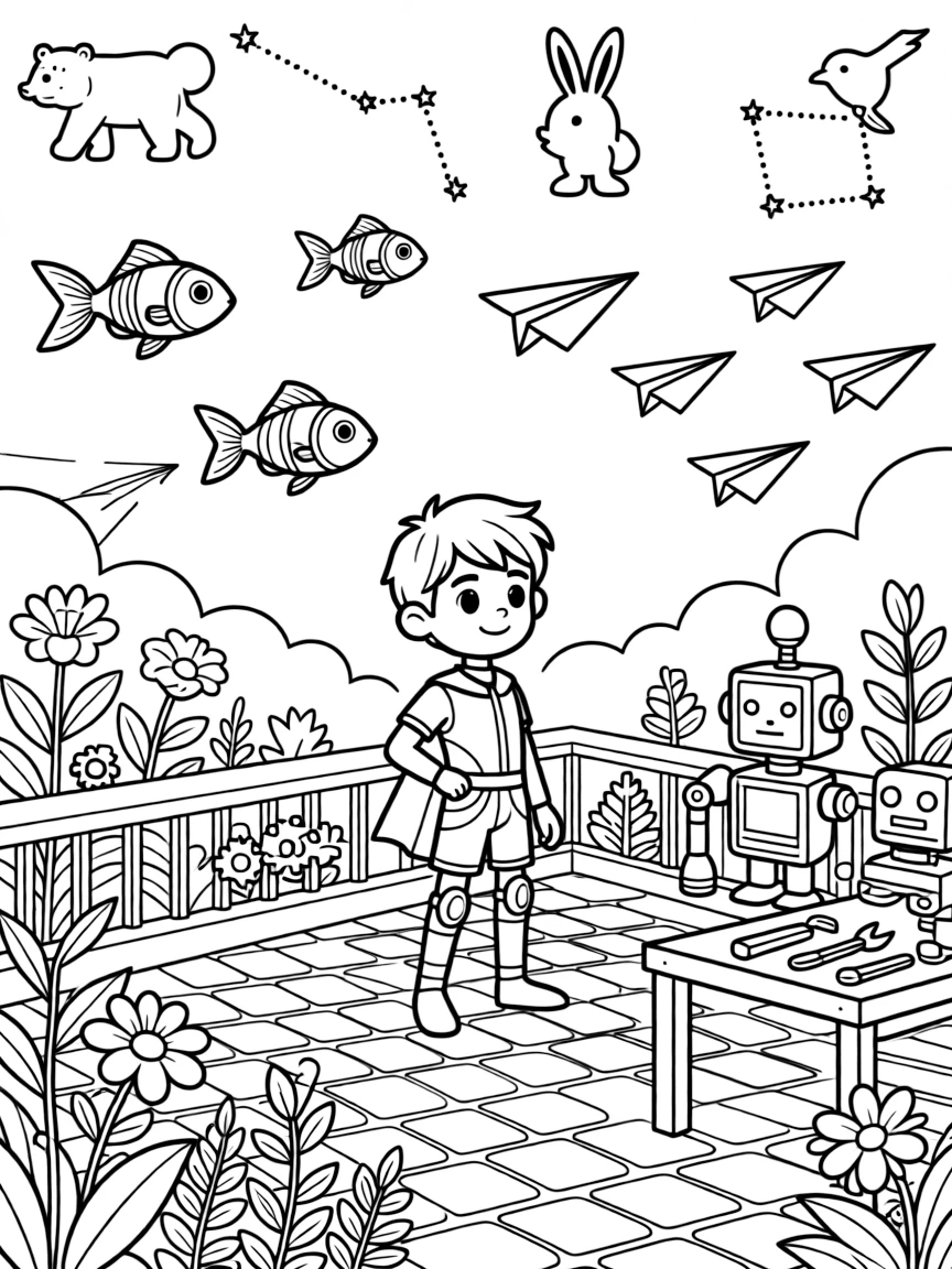 Officer Orion, a determined spring-legged superhero kid spotting constellations shaped like animals from a rooftop garden near a robot workshop cluttered with gears, wires, and half-built inventions, surrounded by a school of glowing space fish swimming through the air and a fleet of paper airplanes gliding past.