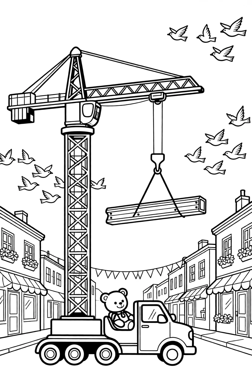 A tall tower crane lifting a steel beam takes center stage in a small town main street decorated with fluttering flags, where a teddy bear buckled safely into the passenger seat can be seen nearby, surrounded by a flock of birds flying alongside in formation.