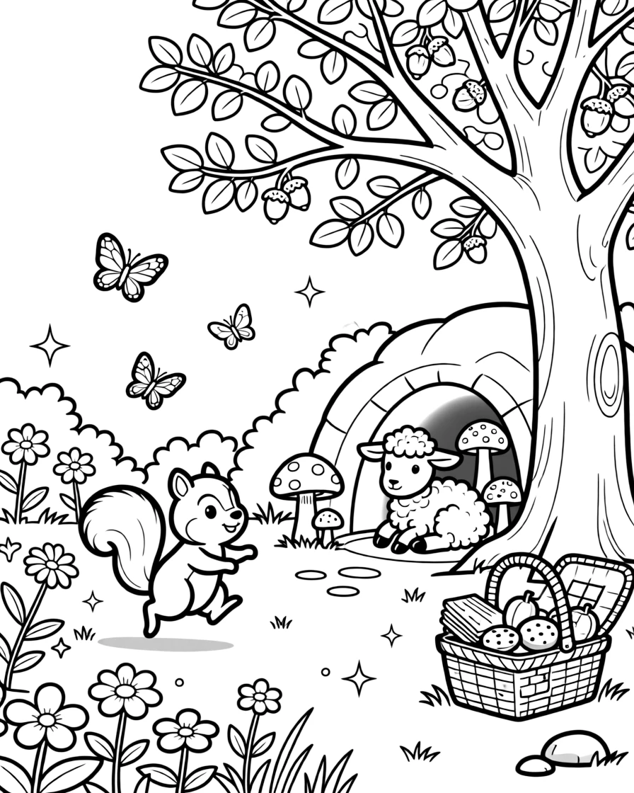 A chipmunk chasing butterflies through the garden with a lamb in a cave glowing with mushrooms, near a towering oak tree, with a picnic basket full of treats nearby.