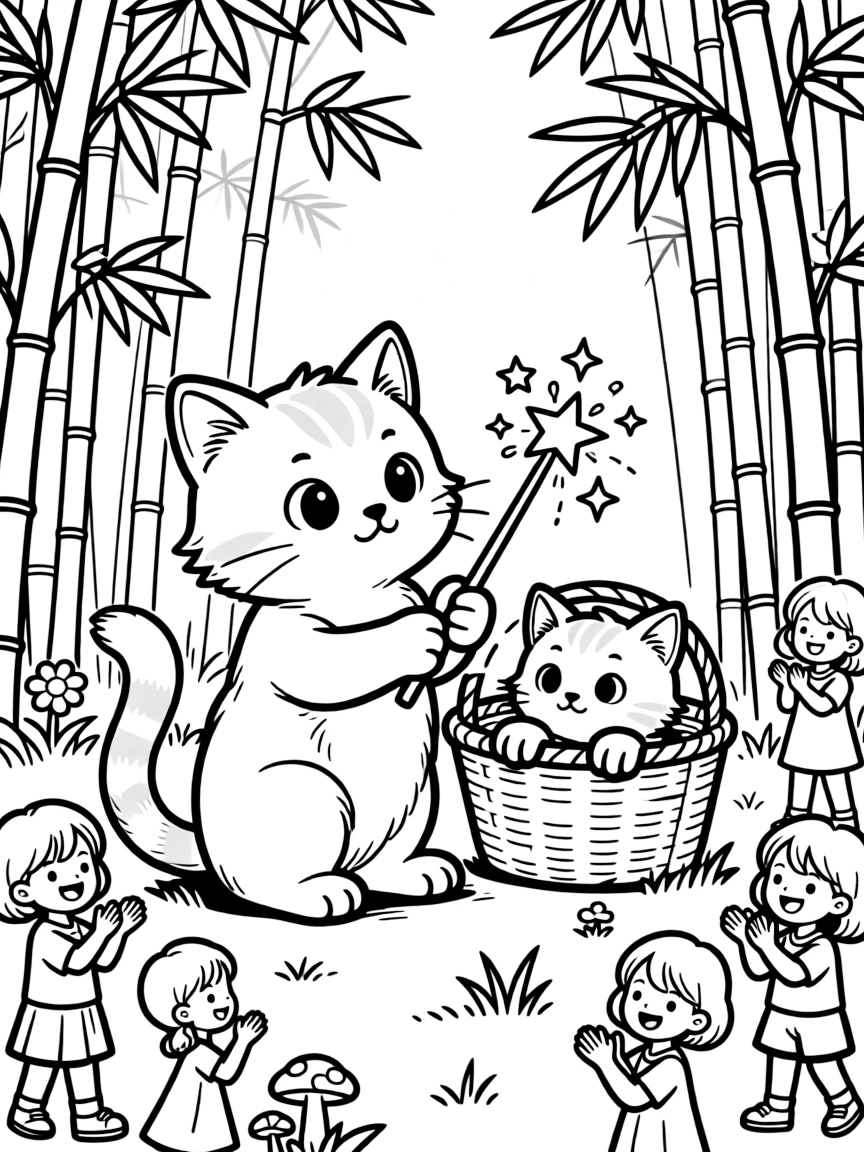 A dreamy kitten wizard's familiar takes a break from adventures to try practicing magic tricks with a sparkly wand in a bamboo forest clearing, with a curious kitten peeking out from a basket close behind. Everyone claps and cheers at the happy sight.